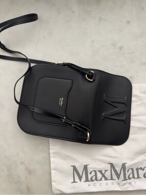 MaxMara Black Leather Shoulder Bag with Embossed M